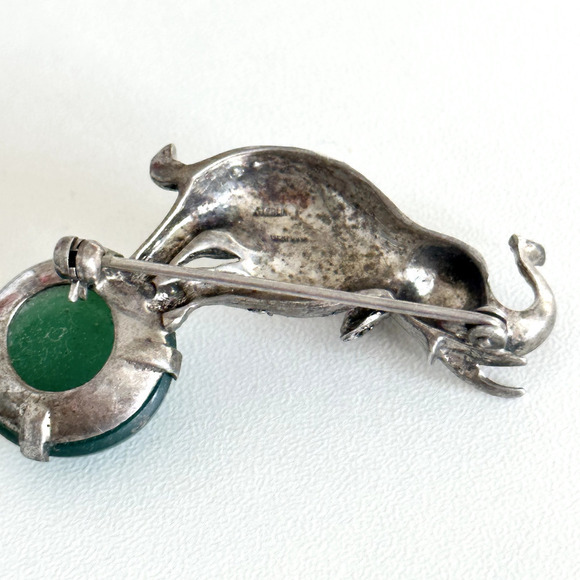 Vintage 925 Sterling Silver Marcasite Elephant Green Onyx Animal Brooch Pin - Picture 5 of 11